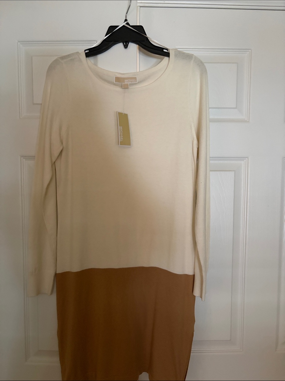 MICHAEL Michael Kors Cream and Brown Long Sleeve Colorblock Knit Dress
